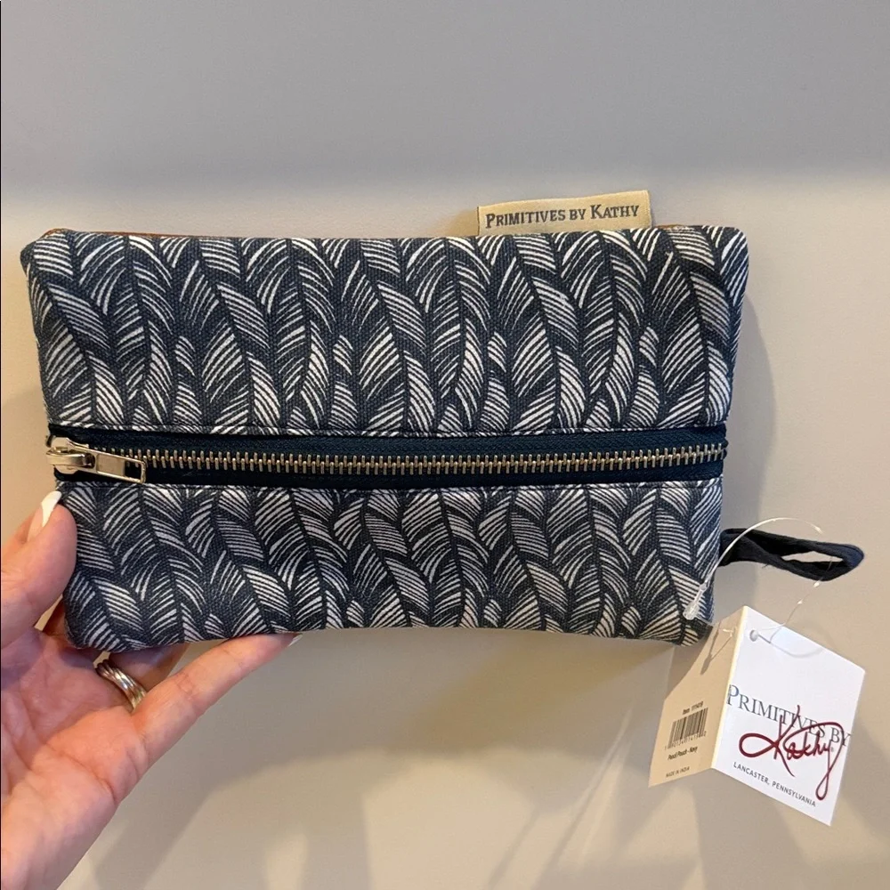 Primitives by Kathy Navy and White Leaf Pattern Pencil Case Pouch NWT